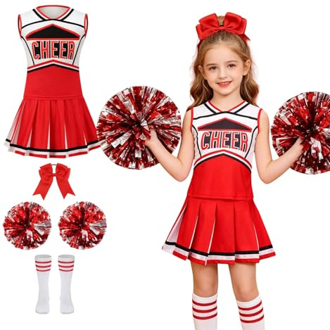 AGCOAH Disfraz de animadora para niñas, uniforme de animadora, disfraz de Halloween, cosplay, rojo clásico (3-4 años)