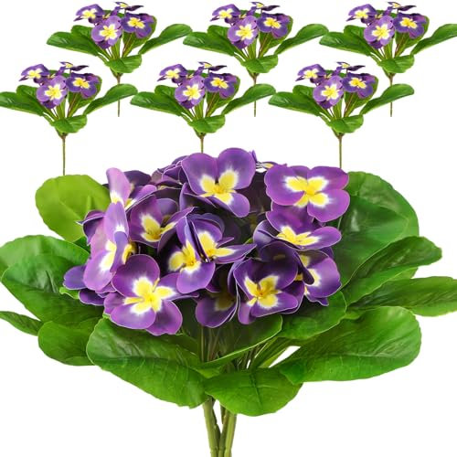 Daifunli 6 pensamientos artificiales de verano para exteriores, arbustos de prímulas artificiales de 9.84 pulgadas, flores de plástico sintético, plantas falsas para exteriores, para macetas