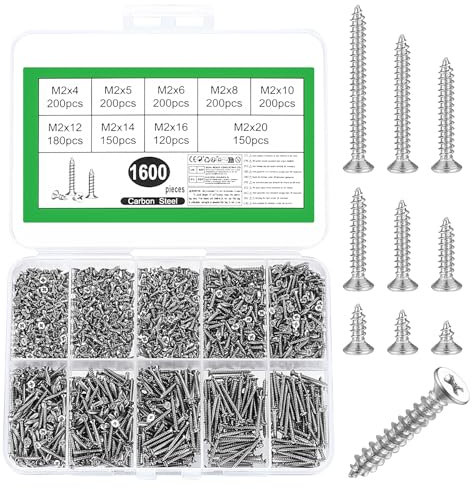 1600 Pz M2 Viti per Legno, Set di Viti Autofilettanti per Legno, Piccole Viti a Testa Piatta a Testa Croce, Kit Assortimento Viti a Testa Svasata Croce per Cartongesso Plastica Mobili(Argento)