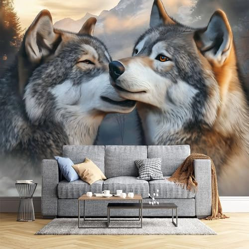 Fototapete Grauer Wolf, Berg- 300X210Cm Tapete Wandbild Tapete Fototapeten Tapeten Wandtapete Wand Schlafzimmer Wohnzimmer Herbsttiere Eckfototapete Wanddekoration