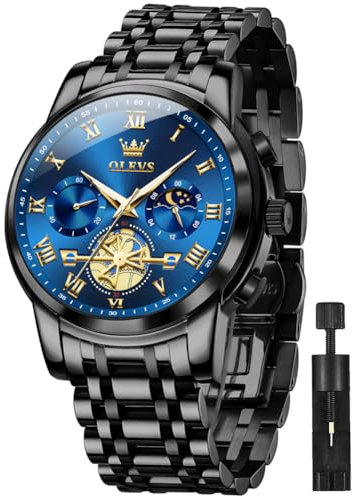 OLEVS Men Watch Chronograph Stainless Steel Quartz Business Dress Luminous Waterproof Multi-Function Men Wrist Watch (Black Strap&Blue Face)