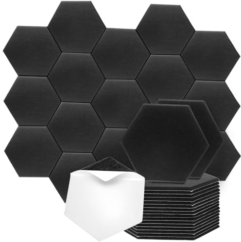 QWORK® 18 Pièces Panneaux acoustiques autocollants, 30x26x0,9 cm panneaux d'isolation phonique mural hexagonaux noirs, panneaux en mousse acoustique haute densité, pour studio et bureau