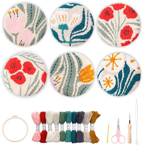 Myfelicity Stanznadel-Set für Erwachsene und Anfänger, Stanznadel-Untersetzer-Set, Blumenmuster, einfache Kunstarbeit, Dekoration, inklusive Tuch, Garn, Nadel, Abstandshalter, Anleitung und