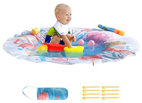 Piscine Bébé Plage avec Sac de Transport, 2-en-1 Pataugeoire Portable & Tapis de Plage, M-atelas d'eau Anti-Dérapant Carré pour Tout-Petits, Piscine Été Extérieur Étanche, Design Anti-UV