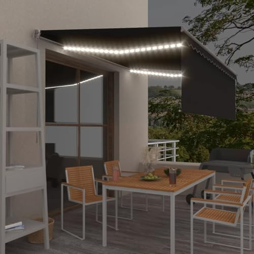 HaoChrymec Markise Einziehbar mit Rollo und LED, Pulverbeschichteter Aluminiumrahmen, Sonnenschutz für Balkon, Terrasse, Freistehende Markise, Anthrazit, 4x3 m