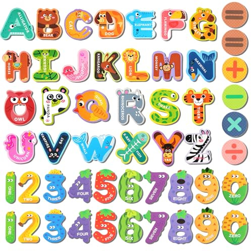 52 Pcs Uppercase Magnetic Letters and Numbers for Children Preschool | Large Fridge Magnets,Educational Learning Toys ,26 Animals ABC, Fruit Numbers, for Whiteboard, Refrigerator, Metal Board