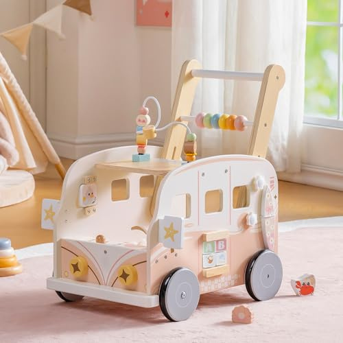 ROBOTIME Poussette d'apprentissage en bois avec contrôle de vitesse, rose | Design bus de vacances réglable en hauteur avec centre d'activités et espace de rangement pour enfants de 10 à 36 mois