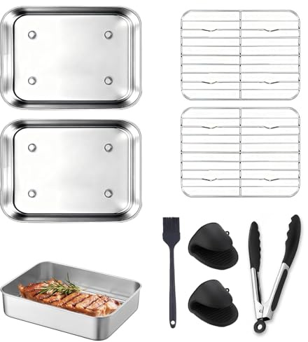 Stainless Steel Casserole Dish, 7-Piece Airfryer Accessory Set, Compatible with Ninja AF400EU AF451EU AF500EU DZ400EU, 2 x Stainless Steel Casserole Dish, 2 x Cooking Grate, Oil Brush, Heat Glove
