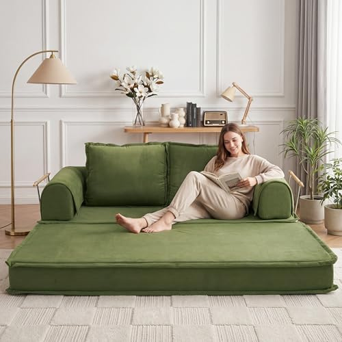 Vipbear Sofá Cama 4 en 1 Verde, Sofá de Suelo Moderno en Pana, Cama de Invitados Plegable, Diván Ergonómico sin Estructura, Funda Lavable Anti-Arañazos, Sillón Relax para Salón y Gaming