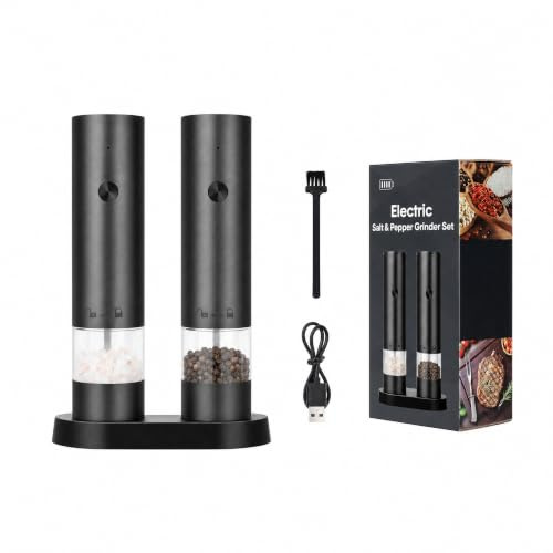 HueeeJot Electric Salt and Pepper Grinder Set with Dual Base, Type-C, Black | Ceramic Core, Adjustable Grind Setting, One-Handed Automatic Spice Mills, Arthritis-Friendly, Kitchen Countertop Organization