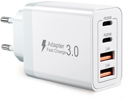 USB C Laddare, 40W 4 Portar Multiport Snabbladdare, USB C Väggkontakt med Snabbladdning för Flera Enheter, Kompatibel med iPhone, Samsung, iPad, Android Enheter, TÜV Certifierad Säker Laddare