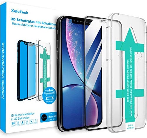 XeloTech 3D/4D Schutzglas für iPhone 11 & iPhone XR mit 6.1 Zoll - Full Screen Schutzfolie aus Glas Mit Schablone für Positionierung - 9H Displayschutz - Hüllenfreundlich