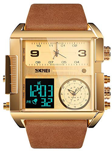 SKMEI Digitale Sportuhr für Herren, LED, quadratisch, großes Zifferblatt, analog, Quarz-Armbanduhr mit mehreren Zeitzonen, wasserdichte Stoppuhr, Goldbraun, 2.17*2*0.59 inch, Casual