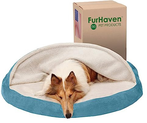 Furhaven Orthopädisches Hundebett für große Hunde, rund, mit abnehmbarem, waschbarem Bezug, für Hunde bis zu 36,3 kg, Sherpa und Wildleder, 111,8 cm, Blau