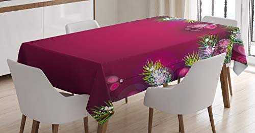 ABAKUHAUS Weihnachten Tischdecke, Baumkugeln Schneeflocken, Pflegeleicht Waschbar Schmutzabweisend und mit Klaren Farben Hochwertiger Druck, 140 x 200 cm, Magenta Weiß Grün