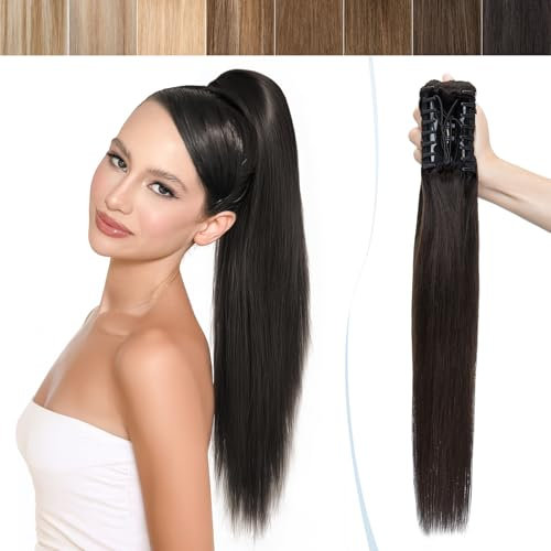 SEGO Coda Capelli Veri Neri Clip Pinza Cavallo Ponytail Extension Remy Human Hair Lisci 35cm Fascia Unica 105g - # Nero Naturale