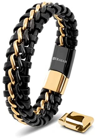 SERASAR Armband Herren 20cm Schwarz Gold Männer Leder Armreif Herrenarmreif Armschmuck Schmuck Herrenschmuck Armkette Flecht Wickelarmband Armbändchen Men Leather Bracelet