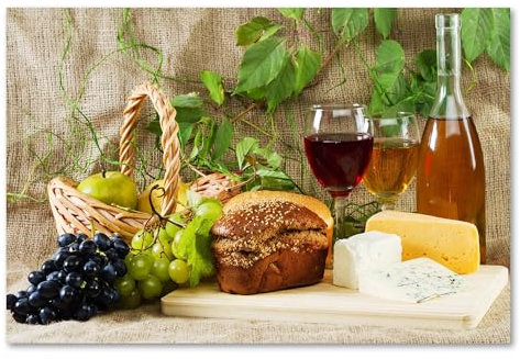 Postereck - 0927 - Picknick, Wein Käse Trauben Obst Brot Essen - Wandposter Fotoposter Bilder Wandbild Wandbilder - Leinwand - 40,0 cm x 30,0 cm