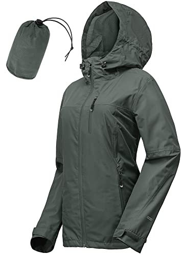 33,000ft Veste de pluie imperméable et pliable pour femme - Légère et respirante - Coupe-vent - Coupe-vent - Pour la course à pied, le golf, le cyclisme - Avec capuche, gris foncé, 20-22