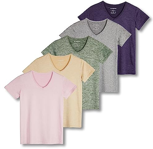 5 Pack: Womens V Neck T-Shirt Ladies Yoga Top Athletic Tees Active Wear Gym Workout Zumba Exercise Running Essentials Quick Dry Fit Dri Fit Moisture Wicking Basic Clothes - Set 14, M