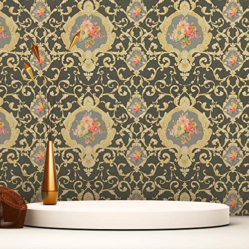 TADESSI Tapete Barock Raffaele M1-No.2484 | Vliestapete | Gold | Schwarz | Ornament | Klassik | Blumen