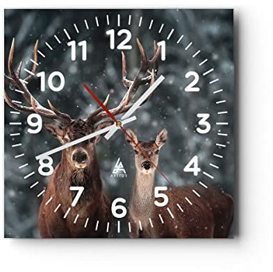 Modern Wanduhr Hirsch Rentier REH 40x40cm Quadrat Groß Wand Uhr Glas Analog Zimmeruhren Küche Büro Wohnzimmer Glasuhr Wall Clock Dekoration Design Wanddekoration Küchenuhr C4AC40x40-5060