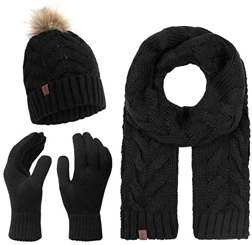 Rock Creek Winter Mütze mit Bommel Schal Set Geschenkset Wintermütze Winterschal Winterhandschuhe Herrenmütze Damenmütze U-101 Schwarz Einheitsgröße