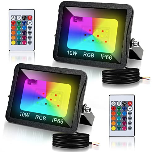 Tubiaz RGB LED Floodlight, 2pcs 10W LED Proyector con Control Remoto, 16 colores 4 modos Cambio de color regulable para exterior, Función de Memoria, Impermeable IP66 para Jardín (sin enchufe)