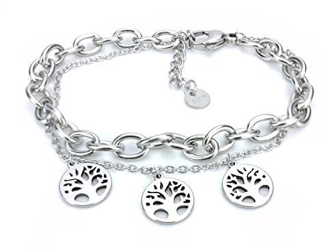 SAGA GIOIELLI® Damen-Armband aus Stahl, vierblättriges Kleeblatt, Baum des Lebens, Glücksbringer, Medium, Edelstahl, Achat