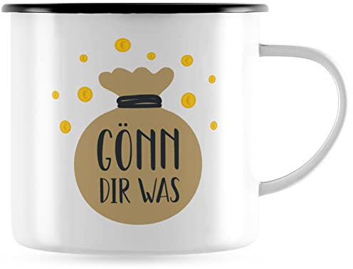 JUNIWORDS Emaille-Tasse, Gönn dir was, Schwarzer Tassenrand (1008792)