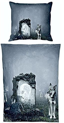 JACK Microfaser Print Bettwäsche 2 TLG. 135x200cm Wolf Guard Tier Fantasy Totenkopf Skull Wölfe Grau Anthrazit
