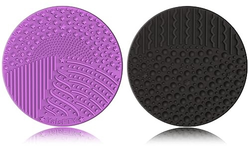 YalsFTY Silicone Makeup Brush Cleaner, 2-Piece Set, Dual-Sided Scrubber Mat for Brushes, Powder Puffs and Sponges (Black & Purple)