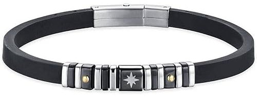 Luca Barra Bracciale uomo. Bracciale in silicone nero con elementi in acciaio e IP nero e rosa dei venti. Bracciale di rosa dei venti lunghezza: 21 cm. La referenza è BA1488