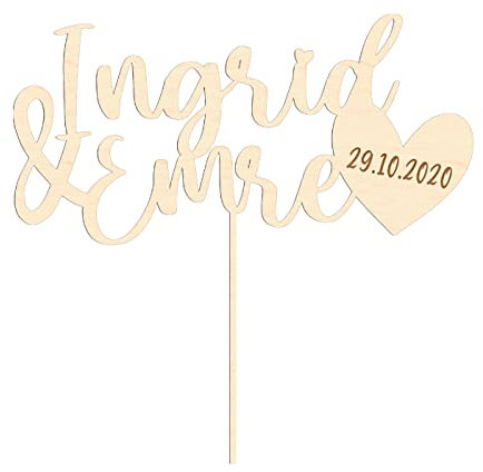 Alsino Cake Topper Hochzeit Tortendeko Personalisiert Name Vorname Datum Wunschtext Tortenstecker Holz Kuchen Torte Dekoration, LA-53 Hochzeit Herz graviert