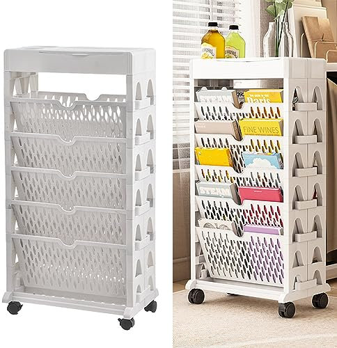 Mobiles Bücherregal,5-Tier Abnehmbar Kreatives Kinder Bücherregal,Faltbarer Aufbewahrungs-Organizer,Servierwagen Desktop Organizer Regal,Bodenstehende Bücherregale (Weiß, Doppelreihe mit Rädern)