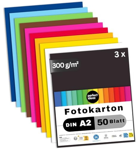 perfect ideaz 150 Blatt Fotokarton DIN-A2, 10 Farben, stabiler recycling Karton 300 g/m², Made in Germany, Blauer Engel zertifiziert (3 x 50 Blatt)