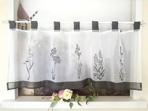 Devola Scheibengardinen Stickerei Kurzgardine mit Schlaufen Landhaus Küchengardine Blumen Gardine Kurz Transparent Cáfe Gardine HxB 60x90cm Grau 1 Stück