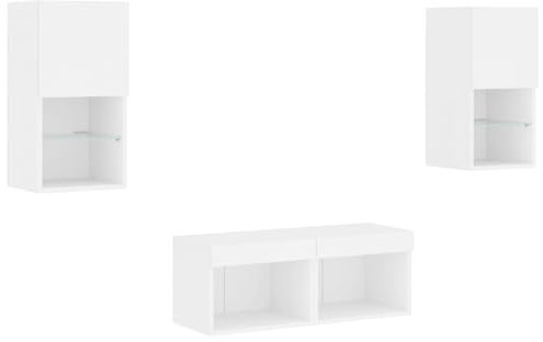 vidaXL TV Wohnwand 4-TLG., Wandschrank mit viel Stauraum, Fernsehschrank Schrank mit LED-Leuchten, Wandmontage TV Einheit Möbel Wohnzimmer Set, Weiß