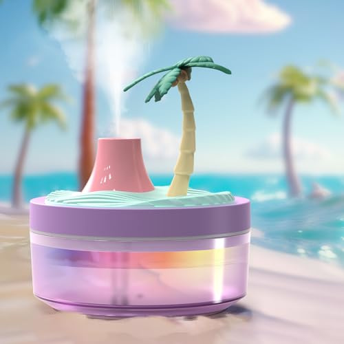 Portable Mini Humidifier bedroom humidifier 320ml big capacity， landscape design, two spray modes and color night light, suitable for bedroom, baby room, office and study Holiday gifts(Coconut tree)