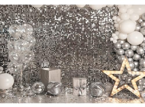 Xiaoterna 3,5x2,5m Silberner Wandhintergrund Silber Pailletten Geburtstag Fotografie Hintergrund Silber schimmernder Wandhintergrund Geburtstagsfeier Dekoration Kinder Porträt Foto Requisiten