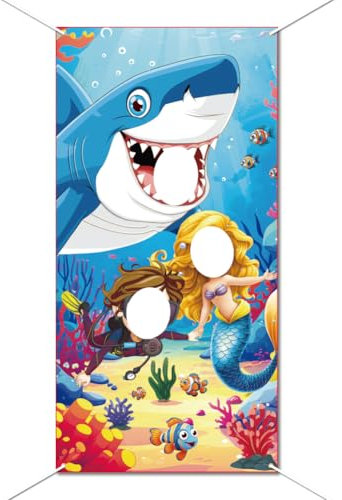 WADORN Meerjungfrau Hai Foto Hintergrund Fotobanner Mit Ozeanwelt Motiv Unter Dem Meer Banner Hintergrund Ozean Fotobanner Stand Für Geburtstags Strandparty Fotostudio Dekor 180x90cm