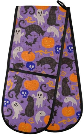 Double Oven Gloves Halloween Black Cats Pumpkins Ghost Heat Resistant Pot Holder Oven Mitt Gloves for BBQ Cooking Baking Grilling Microwave