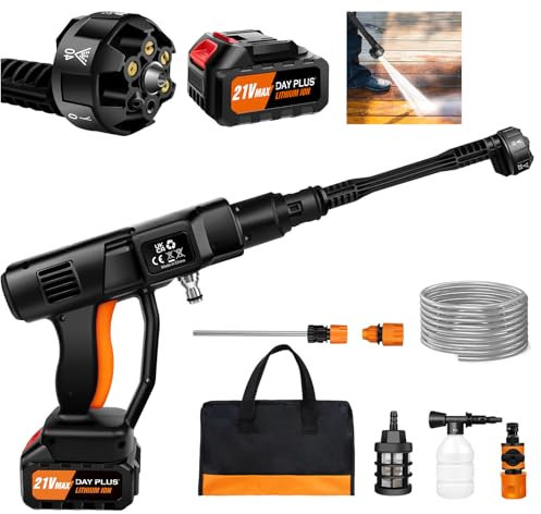 Cordless Power Washer 45Bar High Power Washer Machine with Battery Charger and 6-in-1 nozzle 21V 3000mAh Rechargeable Battery Electric Pressure Washer for Washing Cars, Watering Flowers