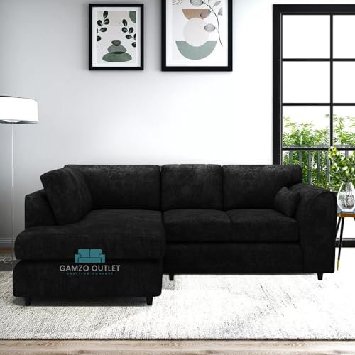 Gamzo Outlet Sleek Exclusive Robust Left-Hand Corner Full Back Colourful Alaska Fabric Designer Sofa Comfy Home Décor Furniture for Moderate to Spacious Contemporary Living Room (Colour- Black)