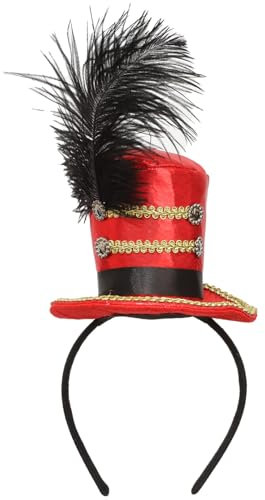MSemis Damen Feder Minizylinder Stirnband Magier Steampunk Top Hut Haarreif Nussknacker Hut Haarband Party Karneval Kopfbedeckung Haarschmuck Rot One Size