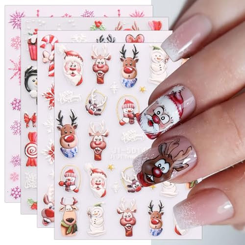 JMEOWIO 3D Embossed Christmas Nail Art Stickers Decals Self-Adhesive 5D Winter Holiday Snowflake Cute Nail Supplies Nail Art Design Decoration Accessories 4 Sheets