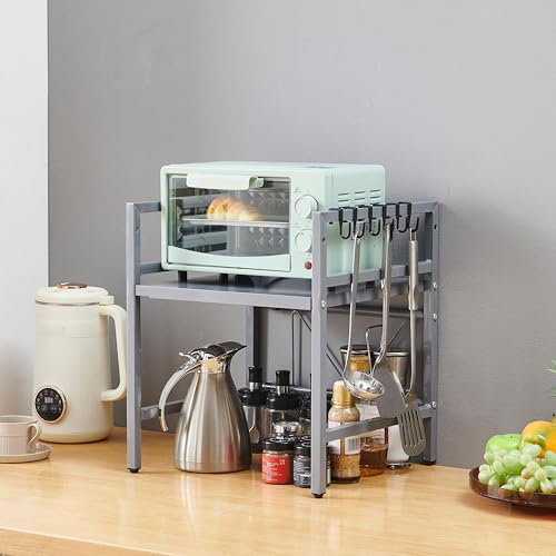 Kitchen Countertop Microwave Shelf Stand 2 Tiers Expandable Spices Rack, Metal Printer Stand Storage Sheving Unit Freestanding Home Office (Grey, 2 Tiers Expandable)