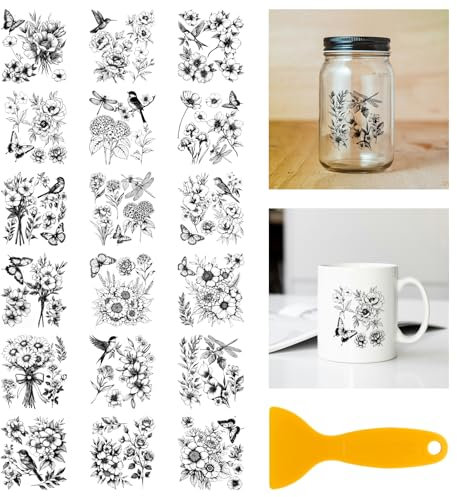 GLOBLELAND 18 Blatt Blumen Vögel UV DTF Tasse Transfer Aufkleber 3.9x3.6 Zoll Pfingstrosen Schmetterlinge DTF Transferaufkleber Möbel Großformat Transfers für Glasbecher Keraflott Möbel Glas Holz