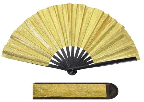 PATIKIL 13 Glitter Clack Rave Fan with Holster, Large Holder Folding Hand Fan Holder Handheld Fan for Women Edm Festival Club Party Dance, Gold Tone