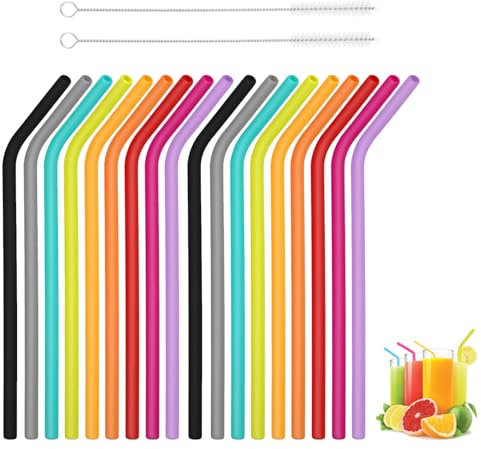 QSZHSL 18 Stück Silikon Strohhalme, mit 2 Strohhalm Reinigungsbürste, Wiederverwendbare Silikon Trinkhalme, Bunte Trinkhalme Für Kinder Erwachsene Party, für Cocktails, Säfte, Milchtee (18 Stück)